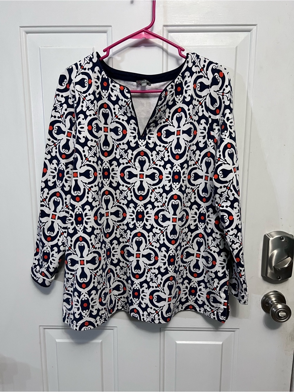 Talbots 1X Pima Cotton Modal Navy White Red Scroll Print V Neck Tunic Top